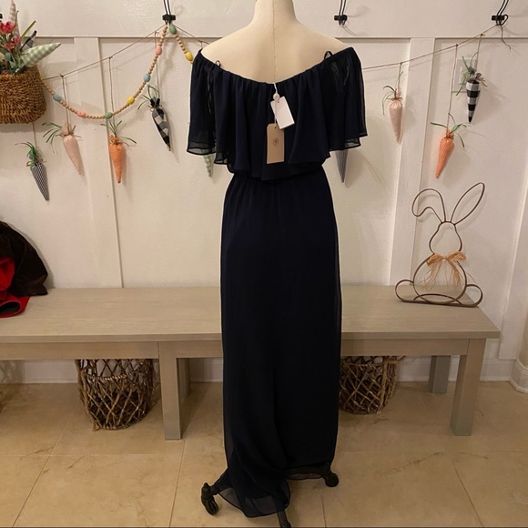 NEW Wayf Off The Shoulder Ruffle Popover Navy Gown - Picture 7 of 12